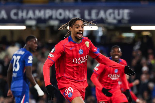 Paris Saint-Germain's French forward #29 Bradley Barcola celebrates after scoring his team second goal during the UEFA Champions League round of 16 second leg football match between Chelsea FC and Paris Saint-Germain (PSG) at Stamford Bridge, west London on March 17, 2026. (Photo by FRANCK FIFE / AFP)