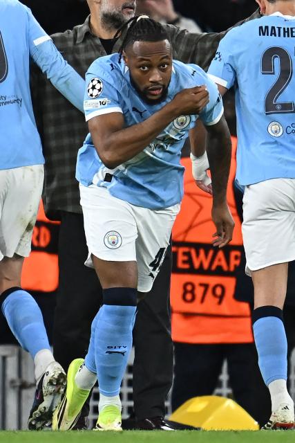Manchester City's Ghanaian midfielder #42 Antoine Semenyo comes on as a substitute during the UEFA Champions League, round of 16 second leg football match between Manchester City and Real Madrid at the Etihad Stadium in Manchester, north west England, on March 17, 2026. (Photo by Paul ELLIS / AFP)