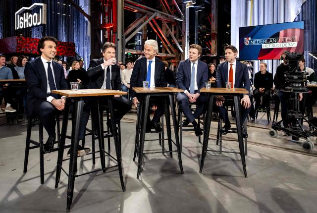 (From L-R) Dutch politicians Jesse Klaver, Henri Bontenbal, Geert Wilders, Ruben Brekelmans, and Jan Paternotte take part int the NOS Final Debate in Tilburg on March 17, 2026, ahead of the Netherlands' 2026 municipal elections. (Photo by Sem van der Wal / ANP / AFP) / Netherlands OUT