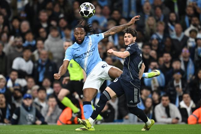 Manchester City's Ghanaian midfielder #42 Antoine Semenyo crosses the ball during the UEFA Champions League, round of 16 second leg football match between Manchester City and Real Madrid at the Etihad Stadium in Manchester, north west England, on March 17, 2026. (Photo by Paul ELLIS / AFP)