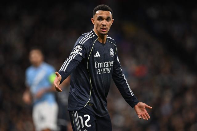 Real Madrid's English defender #12 Trent Alexander-Arnold gestures during the UEFA Champions League, round of 16 second leg football match between Manchester City and Real Madrid at the Etihad Stadium in Manchester, north west England, on March 17, 2026. (Photo by Paul ELLIS / AFP)