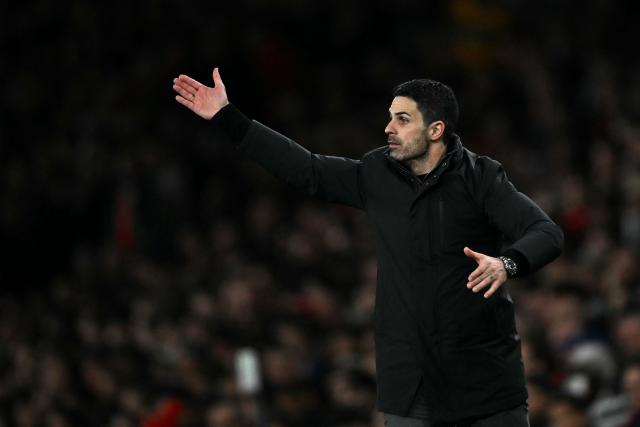 Arsenal's Spanish manager Mikel Arteta shouts instructions to the players from the touchline during the UEFA Champions League, last 16 second leg football match between Arsenal and Bayer Leverkusen at the Emirates Stadium in north London on March 17, 2026. (Photo by Glyn KIRK / AFP)