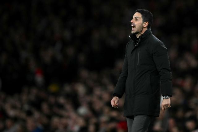 Arsenal's Spanish manager Mikel Arteta shouts instructions to the players from the touchline during the UEFA Champions League, last 16 second leg football match between Arsenal and Bayer Leverkusen at the Emirates Stadium in north London on March 17, 2026. (Photo by Glyn KIRK / AFP)