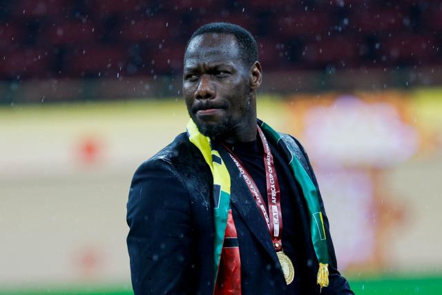 (FILES) Senegal's head coach Pape Thiaw reacts during presentation ceremony after winning the Africa Cup of Nations (CAN) final football match against Morocco at the Prince Moulay Abdellah Stadium in Rabat on January 18, 2026. Senegal was stripped of its Africa Cup of Nations title by the Confederation of African Football (CAF) over its players' walk-off during the final, with Morocco declared champions, CAF announced on March 17, 2026. CAF confirmed the appeal by the Royal Moroccan Football Federation was upheld, overturning the earlier CAF Disciplinary Board decision that had allowed Senegal to keep their victory. (Photo by Abdel Majid BZIOUAT / AFP)