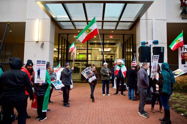 Iranian protesters gather during a demonstration organized by diaspora groups calling for political change in Iran and responding to appeals by opposition figures, outside the Iranian Interests Section in Washington, DC, on March 17, 2026, US President Donald Trump said that he does not know whether Iran's new supreme leader Mojtaba Khamenei is still alive, adding that Washington was unclear whom it could negotiate with in Tehran. (Photo by Amid FARAHI / AFP)