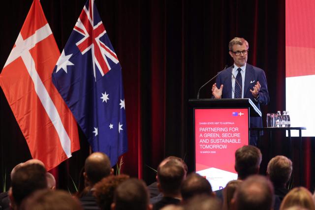 Denmark's King Federik X delivers a speech during a Royal Business Walk event with representatives from Danish companies, in Melbourne on March 18, 2026. (Photo by Jesse Thompson / POOL / AFP)