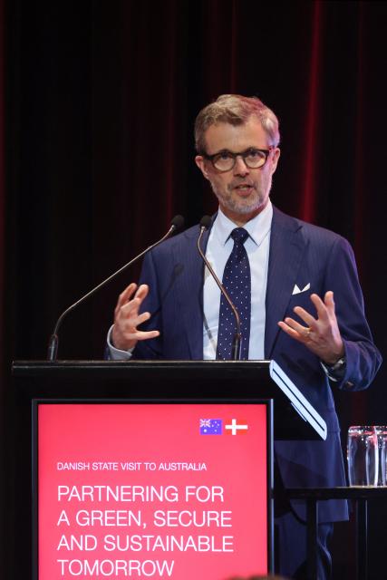 Denmark's King Federik X delivers a speech during a Royal Business Walk event with representatives from Danish companies, in Melbourne on March 18, 2026. (Photo by Jesse Thompson / POOL / AFP)