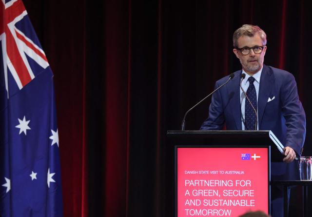 Denmark's King Federik X delivers a speech during a Royal Business Walk event with representatives from Danish companies, in Melbourne on March 18, 2026. (Photo by Jesse Thompson / POOL / AFP)