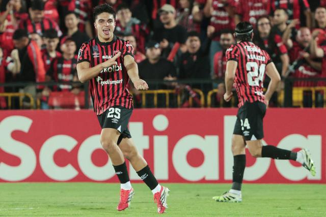 Alajuelense's defender #25 Santiago van der Putten celebrates scoring the opening goal during the CONCACAF Central American Cup round of 16 second leg football match between Costa Rica's Alajuelense and US' Los Angeles FC at the Alejandro Morera Soto Stadium in Alajuela, Costa Rica on March 17, 2026. (Photo by JOHN DURAN / AFP)