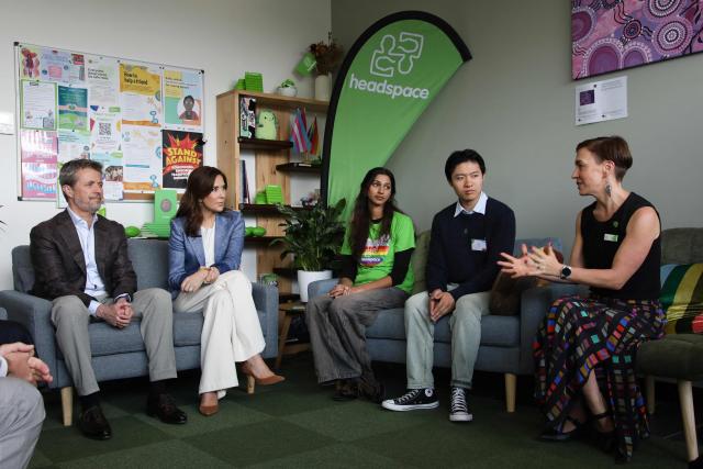 Denmark's King Federik X (L) and Queen Mary (2/L) visit to the Headspace National Youth Reference Group and Headspace South Melbourne Youth Advisory Group in Melbourne on March 18, 2026. (Photo by Jesse Thompson / POOL / AFP)