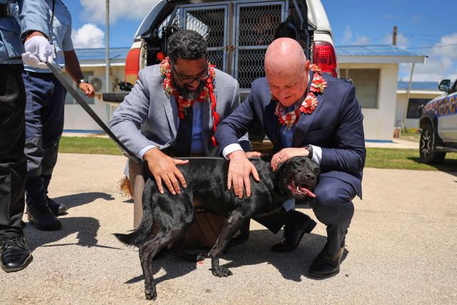 New Zealand's Prime Minister Christopher Luxon (R) and Tonga's Prime Minister Lord Fatafehi Fakafanua meet a drug sniffing dog during a police and transnational crime event in Nuku'alofa on March 18, 2026. (Photo by Ben STRANG / AFP)