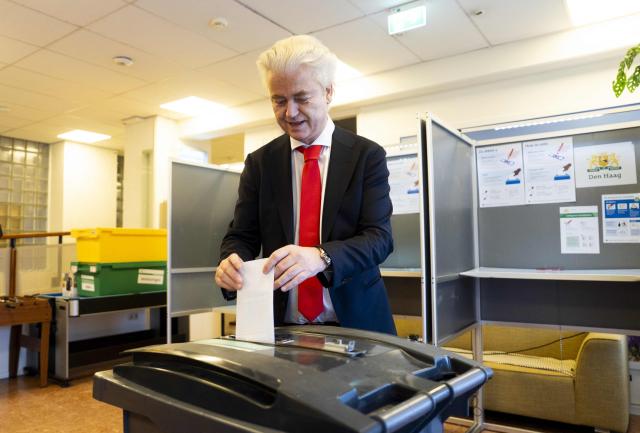 Leader of PVV party Geert Wilders casts his vote for the municipal elections at the Ametisthorst residential care center in The Hague on March 18, 2026. (Photo by Jeroen Jumelet / ANP / AFP) / Netherlands OUT