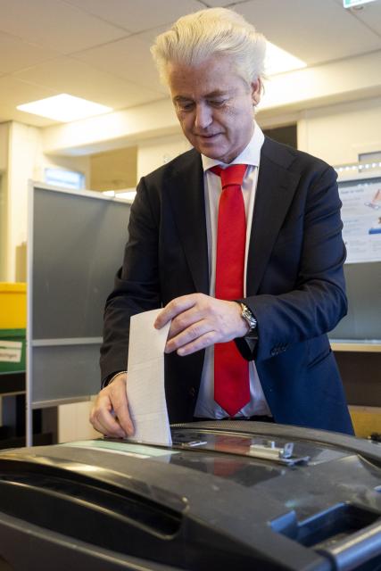 Leader of PVV party Geert Wilders casts his vote for the municipal elections at the Ametisthorst residential care center in The Hague on March 18, 2026. (Photo by Jeroen Jumelet / ANP / AFP) / Netherlands OUT