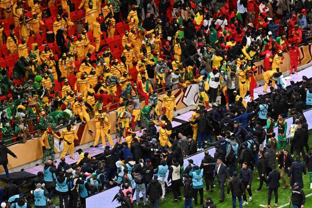 (FILES) Senegal supporters clash during the Africa Cup of Nations (CAN) final football match between Senegal and Morocco at the Prince Moulay Abdellah Stadium in Rabat on January 18, 2026. Senegal say they will appeal after they were sensationally stripped of the Africa Cup of Nations title on March 18, 2026 and the Confederation of African Football (CAF) instead declared Morocco champions, two months after their chaotic final. (Photo by Paul ELLIS / AFP)