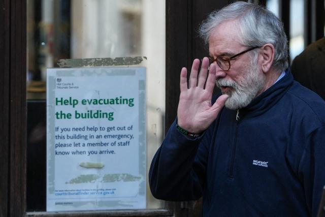 Former Irish republican leader Gerry Adams arrives at the High Court in central London on March 18, 2026, to attend another day of a civil claims trial. Former Irish republican leader Gerry Adams on March 17 "categorically" denied allegations in a London civil trial brought by three IRA bomb victims seeking to hold him personally responsible for the attacks. Adams led Sinn Fein, the Irish Republican Army's former political wing, during the Troubles -- the three-decades-long violent sectarian conflict over British rule in Northern Ireland. (Photo by CARLOS JASSO / AFP)