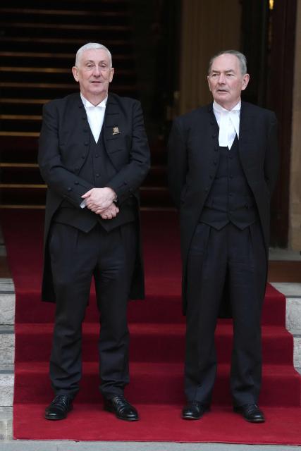 CORRECTION / Britain's Speaker of the House of Commons Lindsay Hoyle (L) and Britain's Speaker of the House of Lords, Lord Michael Forsyth, stand in Speaker's Square in central London on March 17, 2026, during a visit to the Palace of Westminster, home to Britain's Houses of Parliament, by Ukraine's President.  (Photo by Jonathan Brady / POOL / AFP) / The erroneous mention[s] appearing in the metadata of this photo by Jonathan Brady has been modified in AFP systems in the following manner: [Britain's Speaker of the House of Lords, Lord Michael Forsyth] instead of [Britain's Speaker of the House of Lords, John McFall]. Please immediately remove the erroneous mention[s] from all your online services and delete it (them) from your servers. If you have been authorized by AFP to distribute it (them) to third parties, please ensure that the same actions are carried out by them. Failure to promptly comply with these instructions will entail liability on your part for any continued or post notification usage. Therefore we thank you very much for all your attention and prompt action. We are sorry for the inconvenience this notification may cause and remain at your disposal for any further information you may require.