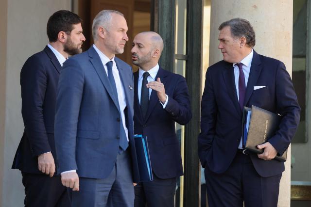 (From L) France's Housing Minister Vincent Jeanbrun, France's junior Minister in charge of parliament relations Laurent Panifous, France’s junior Minister in charge of Europe  Benjamin Haddad and France's Transports Minister Philippe Tabarot leave after the weekly cabinet meeting at the presidential Elysee Palace in Paris on March 18, 2026. (Photo by Ludovic MARIN / AFP)