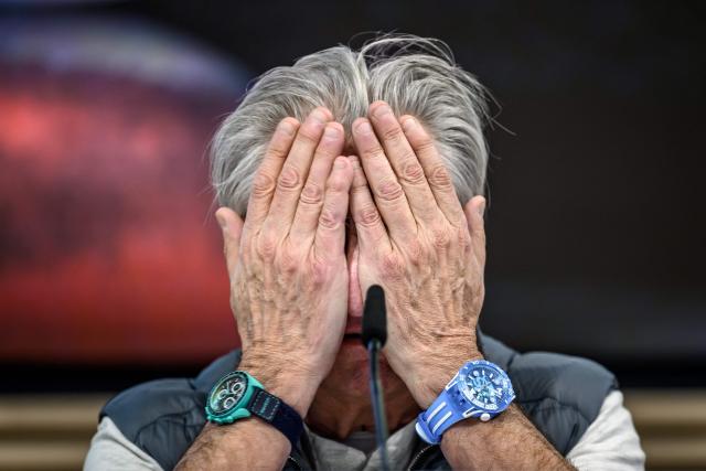 Swiss watchmaker Swatch Group CEO Nick Hayek gestures as he delivers a press conference to present the group's annual results in Biel on March 18, 2026. Swatch reported a plunge in net profit last year on weak demand for movements and other components, though it forecast a strong recovery in 2026. (Photo by Fabrice COFFRINI / AFP)