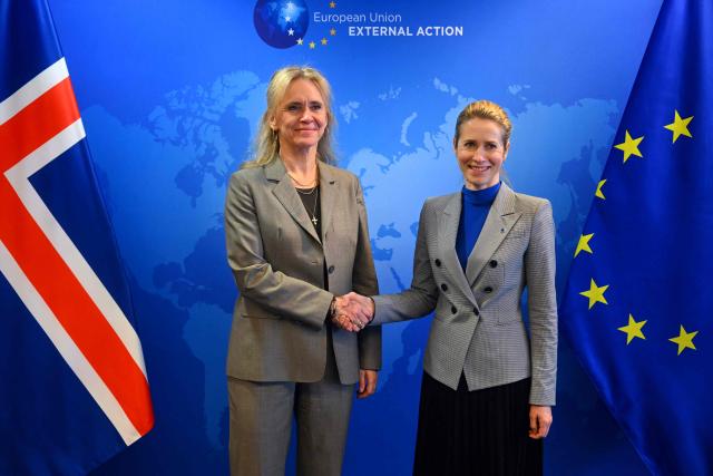 EU High Representative and Vice-President for Foreign Affairs and Security Policy Kaja Kallas (R) shakes hands with Iceland's Foreign Affairs Minister Thorgerdur Katrin Gunnarsdottir ahead of a signing ceremony for the EU-Iceland Security and Defence Partnership at the EU headquarters in Brussels on March 18, 2026. (Photo by NICOLAS TUCAT / AFP)