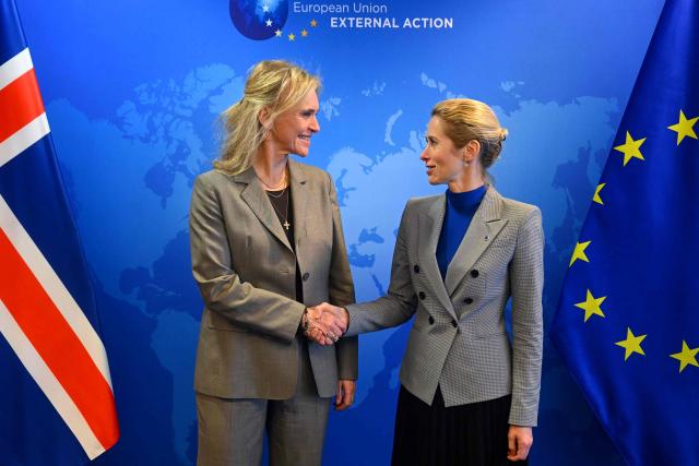 EU High Representative and Vice-President for Foreign Affairs and Security Policy Kaja Kallas (R) shakes hands with Iceland's Foreign Affairs Minister Thorgerdur Katrin Gunnarsdottir ahead of a signing ceremony for the EU-Iceland Security and Defence Partnership at the EU headquarters in Brussels on March 18, 2026. (Photo by NICOLAS TUCAT / AFP)