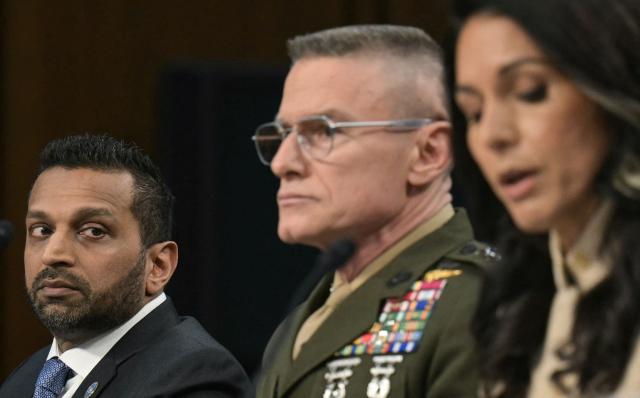 (L/R) FBI Director Kash Patel, Director of Defense Intelligence Agency (DIA) James Adams III, and US Director of National Intelligence Tulsi Gabbard testify during a Senate Committee on Intelligence hearing to examine worldwide threats, on Capitol Hill in Washington, DC, on March 18, 2026. (Photo by Oliver Contreras / AFP)