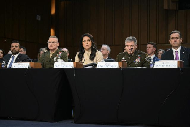 (L/R) FBI Director Kash Patel, Director of Defense Intelligence Agency (DIA) James Adams III, US Director of National Intelligence Tulsi Gabbard, Acting Commander of US Cyber Command William Hartman, and CIA Director John Ratcliffe testify during a Senate Committee on Intelligence hearing to examine worldwide threats, on Capitol Hill in Washington, DC, on March 18, 2026. (Photo by Oliver Contreras / AFP)