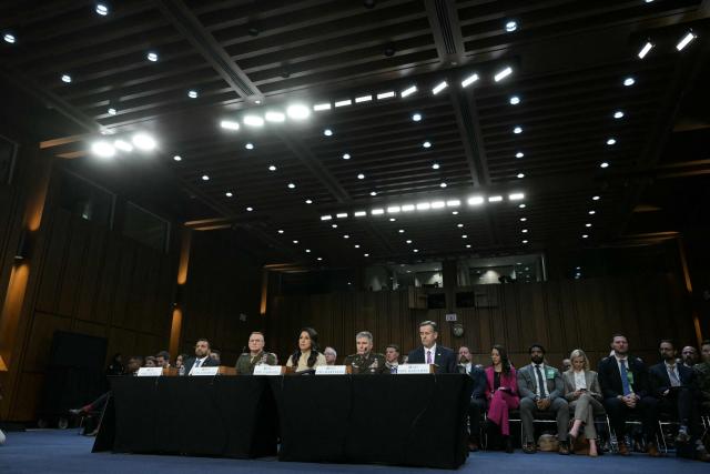 (L/R) FBI Director Kash Patel, Director of Defense Intelligence Agency (DIA) James Adams III, US Director of National Intelligence Tulsi Gabbard, Acting Commander of US Cyber Command William Hartman, and CIA Director John Ratcliffe testify during a Senate Committee on Intelligence hearing to examine worldwide threats, on Capitol Hill in Washington, DC, on March 18, 2026. (Photo by Oliver Contreras / AFP)