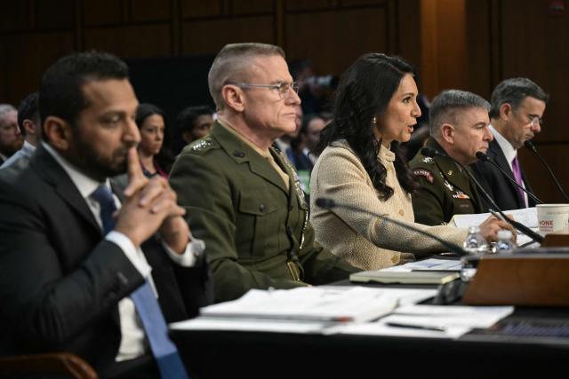 (L/R) FBI Director Kash Patel, Director of Defense Intelligence Agency (DIA) James Adams III, US Director of National Intelligence Tulsi Gabbard, Acting Commander of US Cyber Command William Hartman, and CIA Director John Ratcliffe testify during a Senate Committee on Intelligence hearing to examine worldwide threats, on Capitol Hill in Washington, DC, on March 18, 2026. (Photo by Oliver Contreras / AFP)
