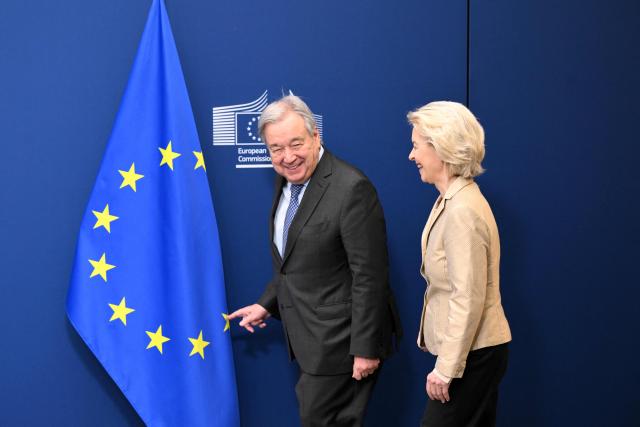 United Nations (UN) Secretary General Antonio Gutteres (L) and European Commission President Ursula von der Leyen (R) arrive for a meeting on the eve of an European Council at the EU headquarters in Brussels on March 18, 2026. (Photo by Nicolas TUCAT / AFP)