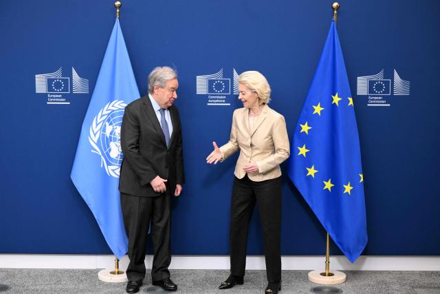 United Nations (UN) Secretary General Antonio Gutteres (L) and European Commission President Ursula von der Leyen (R) pose prior to a meeting on the eve of a European Council at the EU headquarters in Brussels on March 18, 2026. (Photo by Nicolas TUCAT / AFP)