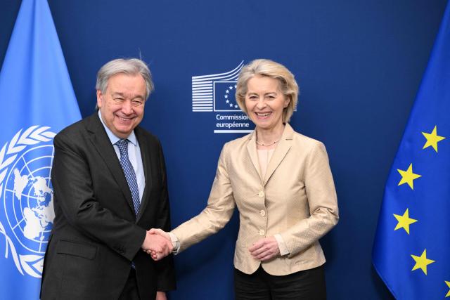 United Nations (UN) Secretary General Antonio Gutteres (L) and European Commission President Ursula von der Leyen (R) pose prior to a meeting on the eve of a European Council at the EU headquarters in Brussels on March 18, 2026. (Photo by Nicolas TUCAT / AFP)