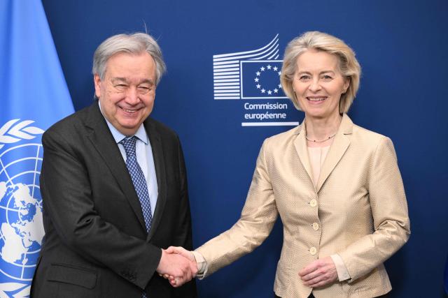 United Nations (UN) Secretary General Antonio Guterres (L) and European Commission President Ursula von der Leyen (R) pose prior to a meeting on the eve of a European Council in Brussels on March 18, 2026. (Photo by Nicolas TUCAT / AFP)