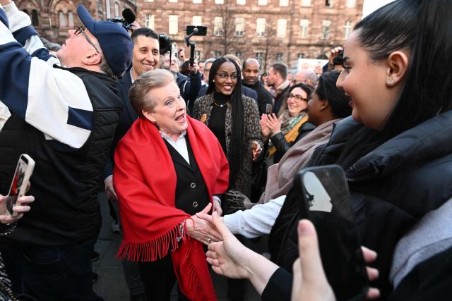 Strasbourg mayoral candidate Catherine Trautmann greets supporters at the end of a campaign meeting for the municipal election runoff in Strasbourg on March 18, 2026. (Photo by SEBASTIEN BOZON / AFP)