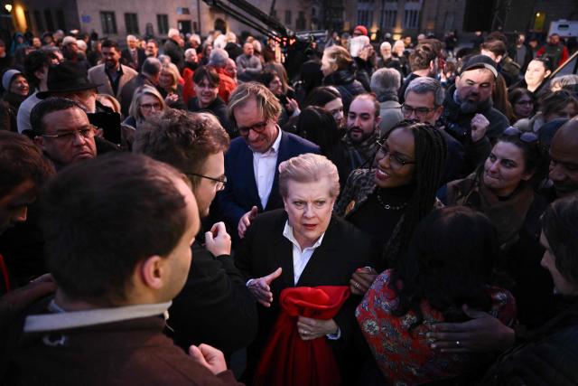 Strasbourg mayoral candidate Catherine Trautmann greets supporters at the end of a campaign meeting for the municipal election runoff in Strasbourg on March 18, 2026. (Photo by SEBASTIEN BOZON / AFP)