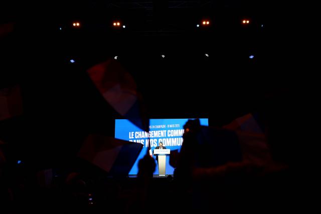 Rassemblement National's MP Laurent Jacobelli speaks during a party rally following the results of the first round of France's 2026 municipal elections, in Chalons-en-Champagne, on March 17, 2026. (Photo by Sameer AL-DOUMY / AFP)