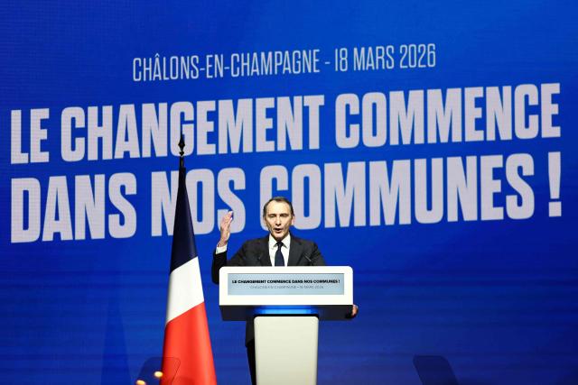 Rassemblement National's MP Laurent Jacobelli gestures as he speaks during a party rally following the results of the first round of France's 2026 municipal elections, in Chalons-en-Champagne, on March 17, 2026. (Photo by Sameer AL-DOUMY / AFP)