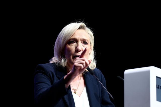 President of Rassemblement National parliamentary group Marine Le Pen speaks during a party rally following the results of the first round of France's 2026 municipal elections, in Chalons-en-Champagne, on March 17, 2026. (Photo by Sameer AL-DOUMY / AFP)