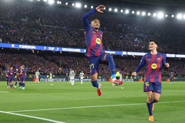 Barcelona's Brazilian forward #11 Raphinha celebrates his team's seventh goal during the UEFA Champions League last 16 second leg football match between FC Barcelona and Newcastle United at the Camp Nou stadium in Barcelona, on March 18, 2026. (Photo by Lluis GENE / AFP)