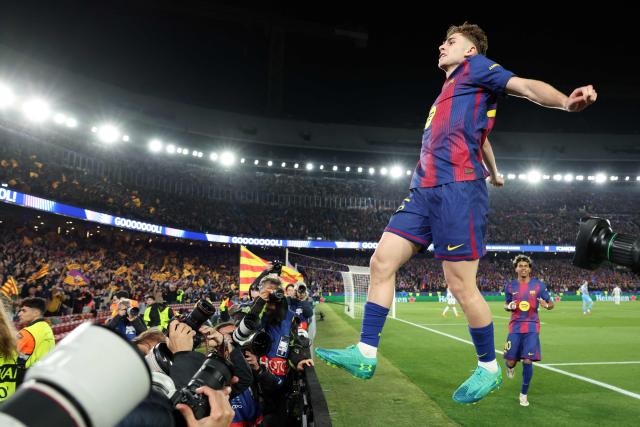 Barcelona's Spanish midfielder #16 Fermin Lopez celebrates scoring his team's fourth goal during the UEFA Champions League last 16 second leg football match between FC Barcelona and Newcastle United at the Camp Nou stadium in Barcelona, on March 18, 2026. (Photo by Lluis GENE / AFP)