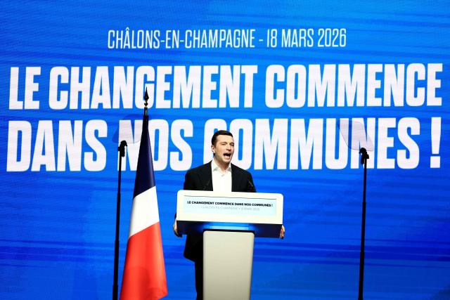 French far-right Rassemblement National RN party's President Jordan Bardella gives a speech during a party rally following the results of the first round of France's 2026 municipal elections, in Chalons-en-Champagne, on March 18, 2026. (Photo by Sameer AL-DOUMY / AFP)