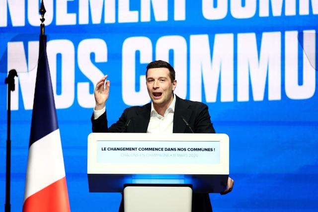 French far-right Rassemblement National RN party's President Jordan Bardella gives a speech during a party rally following the results of the first round of France's 2026 municipal elections, in Chalons-en-Champagne, on March 18, 2026. (Photo by Sameer AL-DOUMY / AFP)