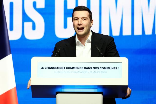 French far-right Rassemblement National RN party's President Jordan Bardella gives a speech during a party rally following the results of the first round of France's 2026 municipal elections, in Chalons-en-Champagne, on March 18, 2026. (Photo by Sameer AL-DOUMY / AFP)