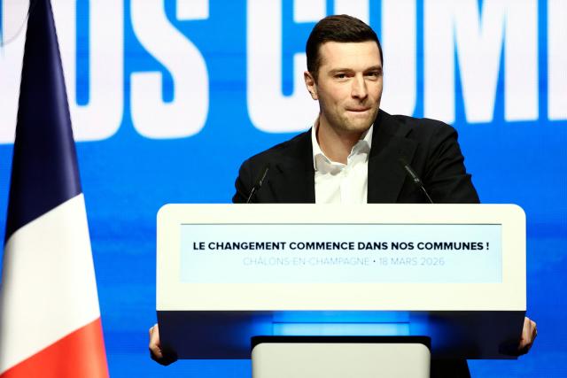 French far-right Rassemblement National RN party's President Jordan Bardella gives a speech during a party rally following the results of the first round of France's 2026 municipal elections, in Chalons-en-Champagne, on March 18, 2026. (Photo by Sameer AL-DOUMY / AFP)