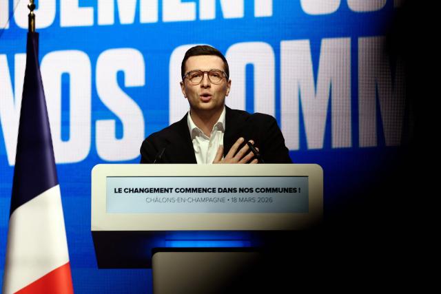 French far-right Rassemblement National RN party's President Jordan Bardella gives a speech during a party rally following the results of the first round of France's 2026 municipal elections, in Chalons-en-Champagne, on March 18, 2026. (Photo by Sameer AL-DOUMY / AFP)