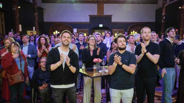 D66 party supporters gather at Hotel Nassau to review the provisional results of the municipal elections in Breda on March 18, 2026. (Photo by Sem VAN DER WAL / ANP / AFP) / Netherlands OUT