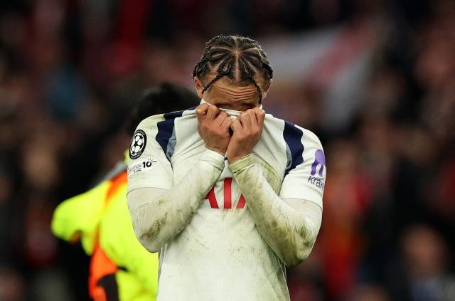 Tottenham Hotspur's Dutch midfielder #07 Xavi Simons reacts after the UEFA Champions League round of 16 second leg football match between Tottenham Hotspur and Atletico Madrid at the Tottenham Hotspur Stadium in London, on March 18, 2026. (Photo by Adrian Dennis / AFP)
