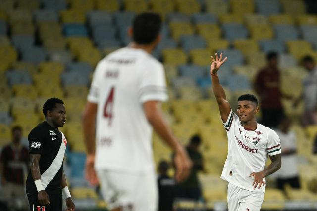 Fluminense's midfielder #35 Hercules celebrates scoring his team's second goal during the Brasileirao Serie A football match between Vasco da Gama and Fluminense at the Maracana Stadium in Rio de Janeiro, Brazil, on March 18, 2026. (Photo by MAURO PIMENTEL / AFP)