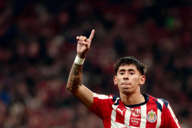 TOPSHOT - Guadalajara's midfielder #226 Santiago Sandoval celebrates scoring his team's second goal during the Liga MX Clausura football match between Guadalajara and Leon at the Akron Stadium in Guadalajara, Mexico, on March 18, 2026. (Photo by Ulises Ruiz / AFP)