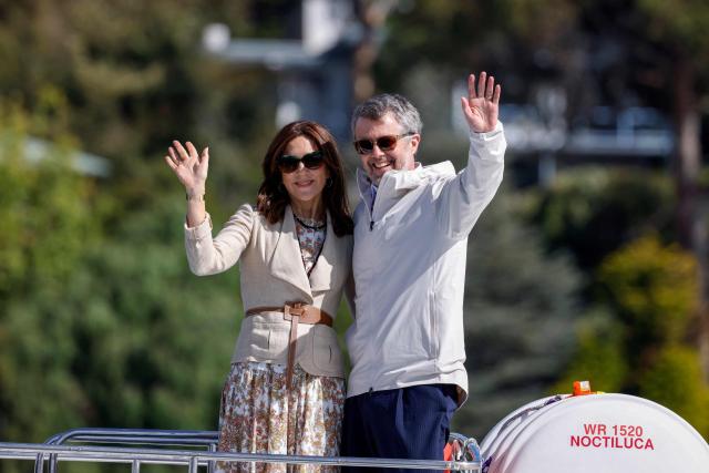 Denmark's King Frederik X (R) and Queen Mary (L) take a trip onboard an Institute for Marine and Antarctic Studies (IMAS) vessel to view the kelp conservation forest at the Alum Cliffs Marine Reserve in Hobart on March 19, 2026. (Photo by ROB BLAKERS / POOL / AFP)