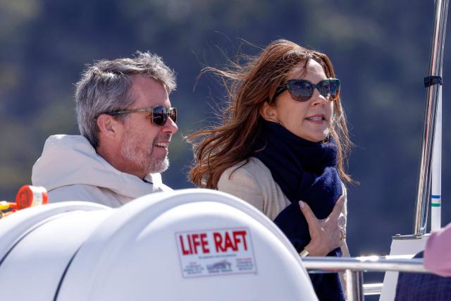 Denmark's King Frederik X (L) and Queen Mary (R) take a trip onboard an Institute for Marine and Antarctic Studies (IMAS) vessel to view the kelp conservation forest at the Alum Cliffs Marine Reserve in Hobart on March 19, 2026. (Photo by ROB BLAKERS / POOL / AFP)